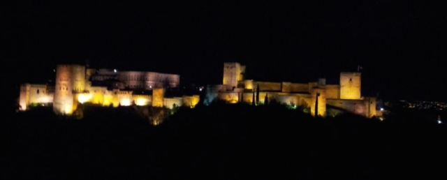 Alhambra Palace at night. (Seen from Mezquita Mayor de Granada)